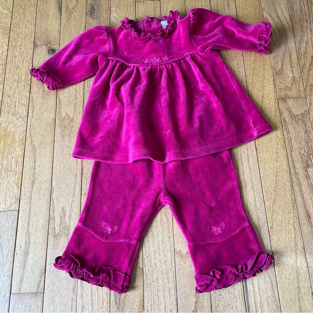 VTG Y2K MINI BASIX MAROON HIBISCUS FLOWER VELOUR TWO PIECE OUTFIT SIZE 6 MONTHS